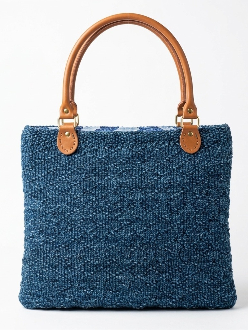 Artisan Handcrafted Knit Handbag Blue Wool Turtle Lined Boho Chic